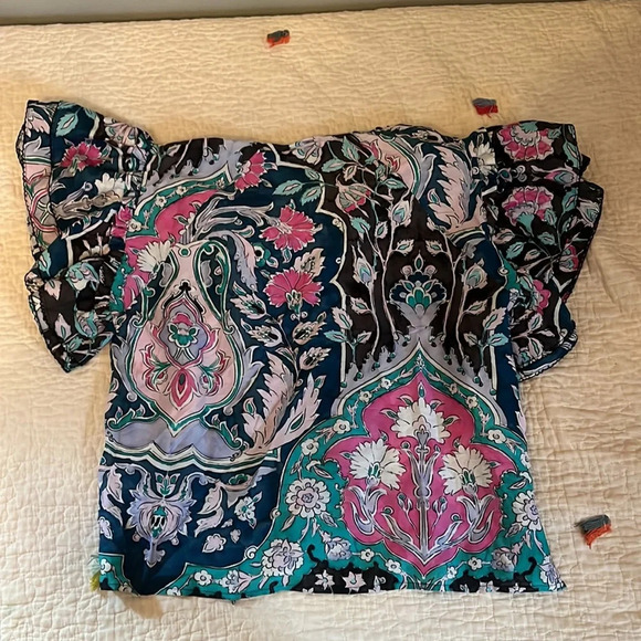 Maria Cher multicolored blouse short sleeve top ruffle sleeves small - Picture 5 of 5